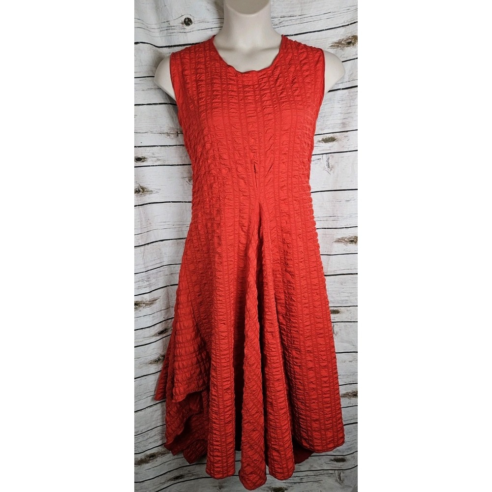 Heydari Red Crinkle Textured Dress XL Lagenlook Asymmetrical Sleeveless Midi